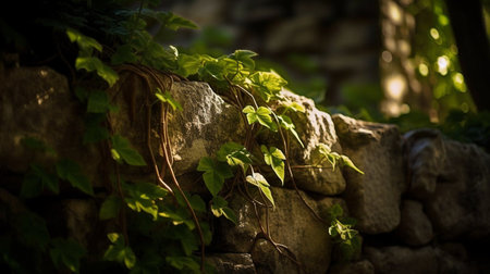 Old stone wall covered with green ivy. Shallow depth of field.の素材
