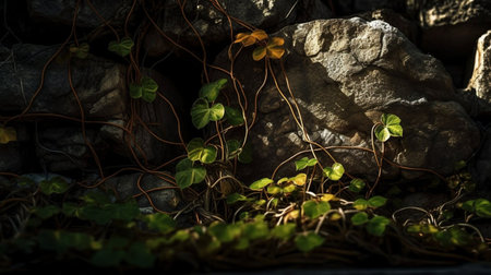 Ivy growing on a stone wall. Selective focus. Nature.の素材