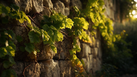Grapevine growing on a stone wall at sunset. Selective focus.の素材