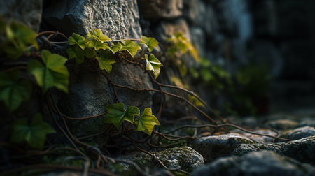 Ivy growing on a stone wall in the garden. Shallow depth of fieldの素材