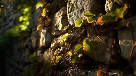 Parthenocissus tricuspidata plant growing on a stone wallの素材