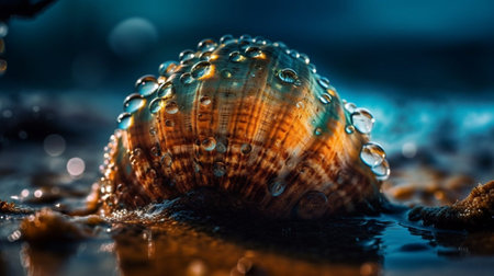 Sea shell with water drops on the wet sand. Shallow depth of fieldの素材