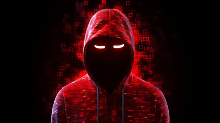 Hacker with red glowing mask and dark background. Cybercrime conceptの素材