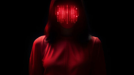 Woman in red hoodie with binary code on her face on black backgroundの素材