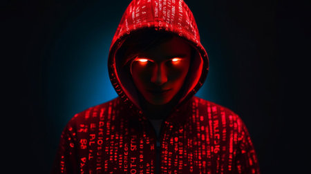 Hacker in red hoodie with digital binary code on dark backgroundの素材