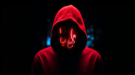 Hooded man in red hoodie with glowing face on dark backgroundの素材