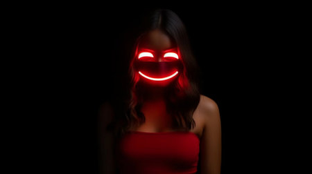 Woman with red smiley on her face. 3d rendering.の素材