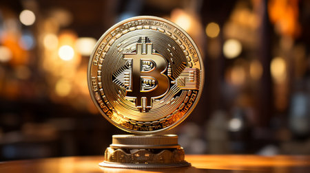 Golden coin of bitcoin on the background of the bar. Cryptocurrency.の素材