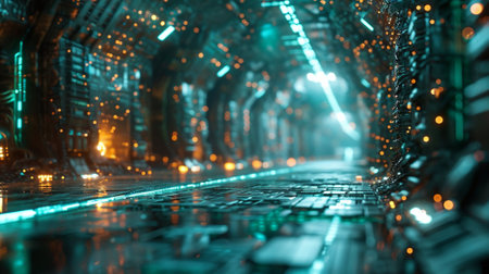 Futuristic corridor with glowing lights. 3d rendering toned imageの素材