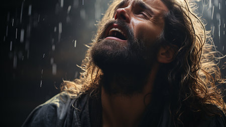 Portrait of a man with long hair and beard in the rainの素材