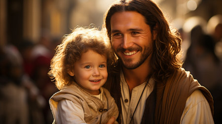 Happy father and his adorable little daughter walking in the city at sunsetの素材