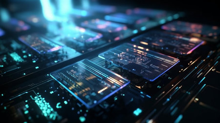 Close up of circuit board with glowing lights. 3D Renderingの素材