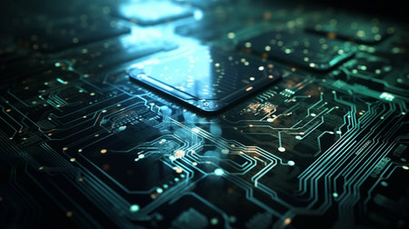 Electronic circuit board with microchips and microchips. 3d renderingの素材