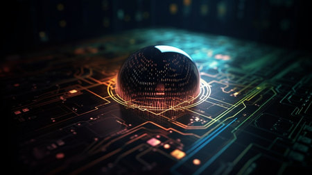 3D rendering of a cyber globe on a digital circuit board.の素材