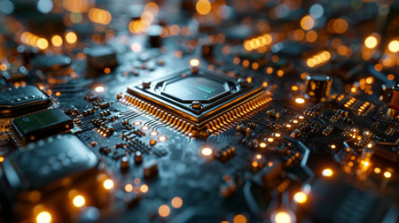 Circuit board close-up. Electronic computer hardware technology. Motherboard digital chip. Tech science backgroundの素材