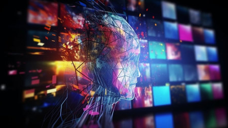 Artificial intelligence and machine learning concept. 3d rendering double exposureの素材