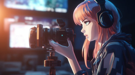 Female videographer with professional camera in the studio. 3d renderingの素材