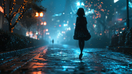 Girl walking in the rain at night. 3D Rendering.の素材
