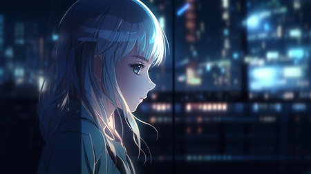 3D rendering of a female robot in front of a night cityの素材