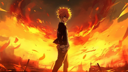 Fantasy scene of a young man standing in the middle of fireの素材
