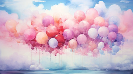 Colorful balloons in the sky. Watercolor painting. 3D illustration.の素材