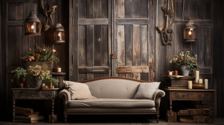 Interior of an old house with a sofa and candles. 3d renderingの素材