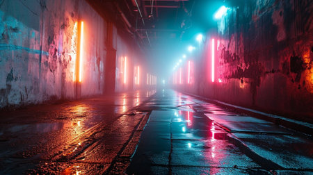 Futuristic corridor with neon lights in a dark abandoned building.の素材