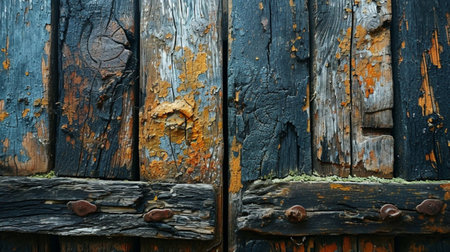Old wooden door with peeling paint. Rustic background for design.の素材