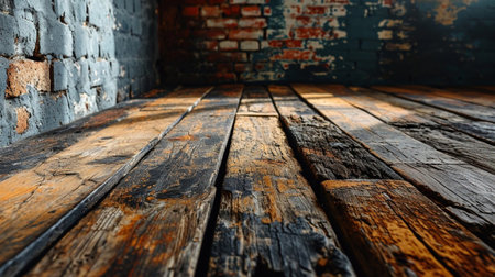 Old wooden floor in the room with brick wall and brick wall.の素材