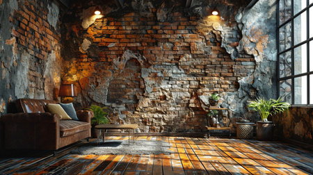 Interior of the room with a brick wall and a leather sofaの素材