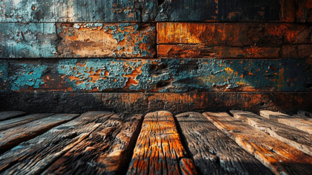 Old wooden planks in a dark room. Abstract background for design.の素材