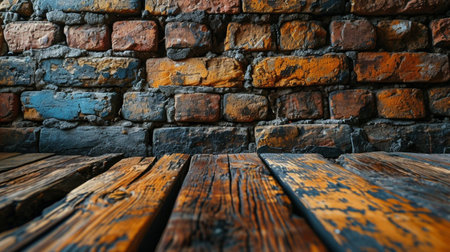 Wooden table in front of brick wall background. Vintage style.の素材
