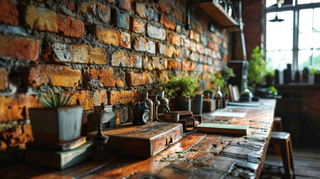 Interior of a vintage pub with a wooden table and brick wallの素材