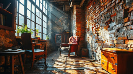 Interior of an old house with brick walls and wooden furniture.の素材