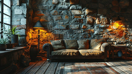 Interior of the room with a sofa and a fireplace. 3d renderingの素材