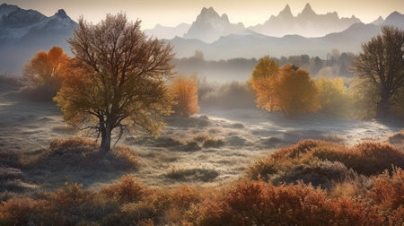 Autumn landscape with misty meadow and trees in the foregroundの素材