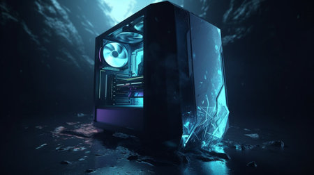 Old computer with cracked screen on dark background. 3D rendering.の素材