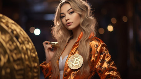 Portrait of a beautiful blonde woman with long curly hair in a bright orange jacket with a golden bitcoin in her hands.の素材