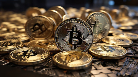 Bitcoin. Crypto currency. Cryptocurrency on the background of gold coins.の素材