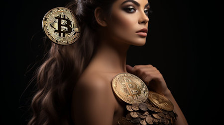 Portrait of a beautiful young woman with bitcoin on a black backgroundの素材