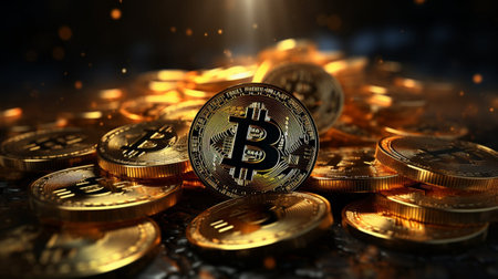 Bitcoin coin on the background of gold coins. 3D illustration.の素材