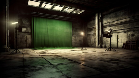 3d render of an empty room with a green screen and spotlightsの素材