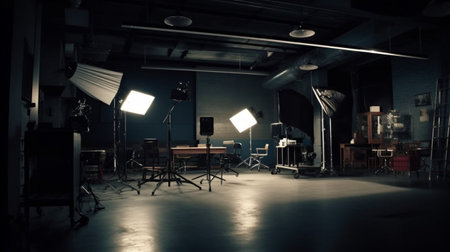 Interior of a modern photo studio with professional equipment and lighting equipmentの素材