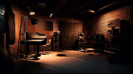 3D rendering of a recording studio with professional equipment and lighting equipmentの素材