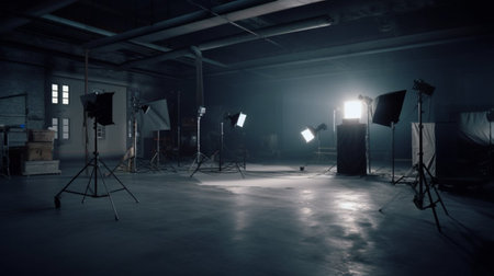 Empty photo studio with lighting equipment and equipment. 3D Renderingの素材