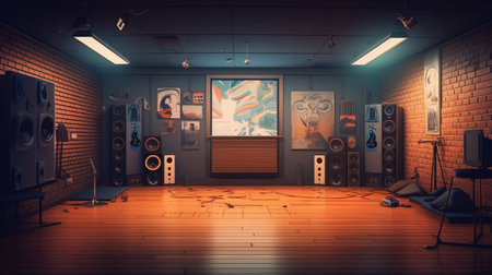3d rendering of the interior of a music studio with many speakersの素材