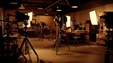 Cinema studio with professional equipment and lighting equipment. Filtered image processed vintage effect.の素材