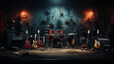 Musical instruments in a dark room. Drum kit and electric guitar on a dark background. Music concept. Selective focusの素材