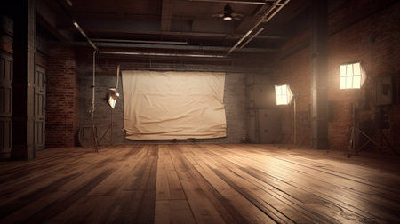 3d rendering of an old studio with a projector and lighting equipmentの素材