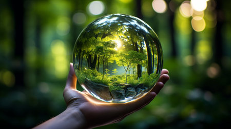 Hand holding glass ball with green forest inside. Earth day concept.の素材